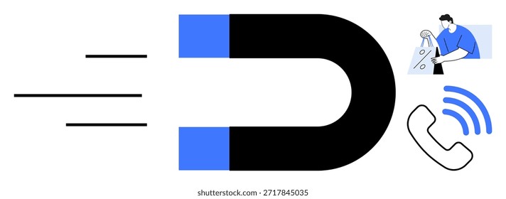 Marketing, Kundensupport, Kommunikation, Lead-Generierung, Geschäftswachstum, Tools. Ein großer Magnet, der Symbole anzieht, darunter eine Person, die Werkzeuge befestigt, und ein Telefon mit Signalleitungen. Marketing