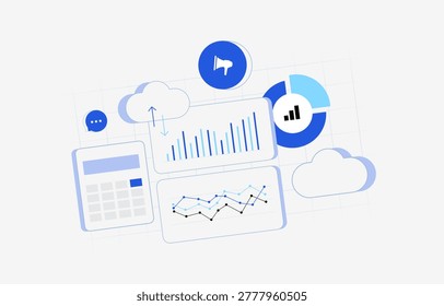 Marketing dashboard with campaign analytics and business reports in digital interface. Analyze marketing data and track performance metrics with charts and cloud analytics vector illustration