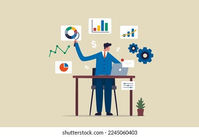 Análisis de datos de marketing. Negocios ganando dinero en línea.Empresario con laptop haciendo análisis de negocios. Ilustración