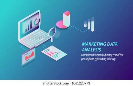 Marketing data analysis - Digital marketing, Data Research 3D style isometric design concept