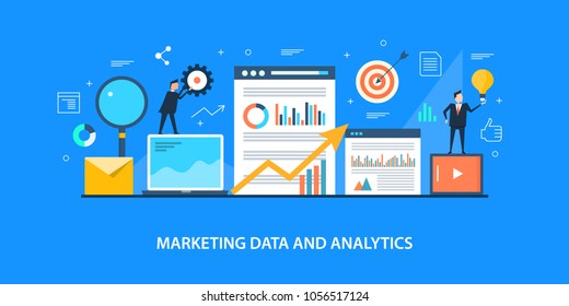 Marketing data analysis - Marketing idea - Business analytics - Strategy flat vector banner with icons and characters