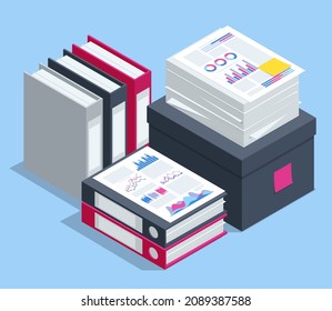 Marketing data analysis. Isometric office document folders. Routine, bureaucracy, big data, paperwork, office. Bureaucracy. Data Analysis, Business Statistic, Management, Consulting, Marketing