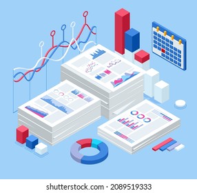 Marketing data analysis. Isometric office document folders. Routine, bureaucracy, big data, paperwork, office. Bureaucracy. Data Analysis, Business Statistic, Management, Consulting, Marketing