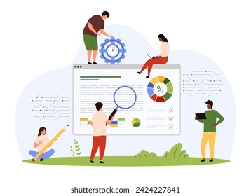 Marketing data analysis and management, financial audit. Tiny people with magnifying glass research digital document online, search progress in statistic charts and graphs cartoon vector illustration