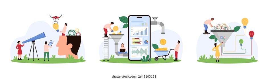 Análise e classificação de dados de marketing. Pessoas pequenas ganham dinheiro com a conversão de funil de lâmpadas em moedas, estratégia de otimização de pesquisa, classificação de informação visual desenho animado vetor ilustração