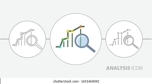Marketing data analytics, analyzing statistics chart, magnifying glass with stock market graph figures. Flat icon modern design style vector illustration concept.