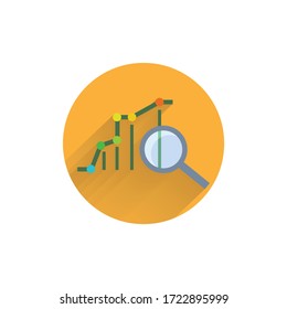 Marketing data analytics, analyzing statistics chart, magnifying glass with stock market graph figures. colorful flat icon with long shadow. chart flat icon