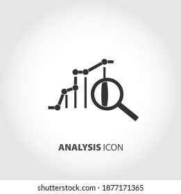 Marketing data analytics, analyzing statistics chart, magnifying glass with stock market graph figures isolated vector icon, business element