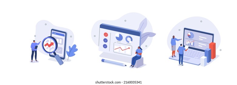 Marketing data analyzing illustration set. Characters working with data visualization, analyzing graph, charts and planning marketing strategy to achieve business goals. Vector illustration.