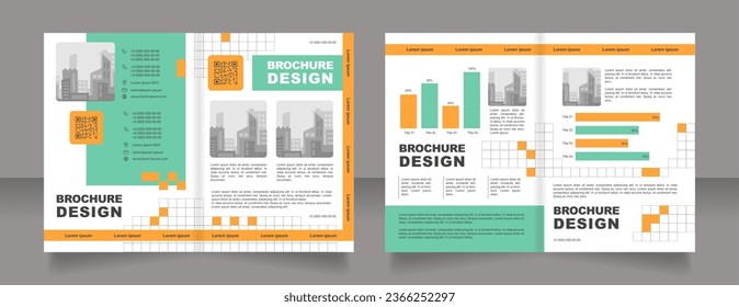 Marketing with data graphs bifold brochure template design. Statistical analysis. Report. Half fold booklet mockup set with copy space for text. Editable 2 paper page leaflets. Arial font used