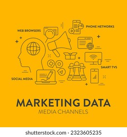 Marketing Data media canales diagrama de diagrama plantilla de presentación infográfica vector tiene medios sociales, redes telefónicas, tv inteligente y navegadores web. Datos de marketing de negocios a través de diversos canales de medios.