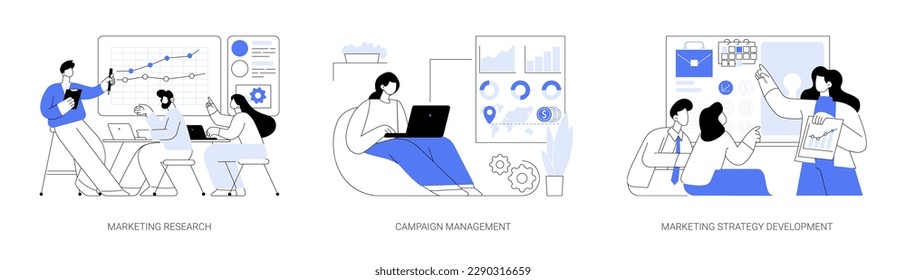 Marketing department at big company abstract concept vector illustration set. Marketing research, campaign management, strategy development, corporate business structure abstract metaphor.