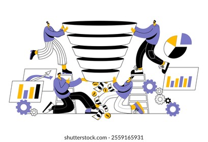 Marketing department builds a working sales funnel from which money flows. Vector illustration on the topic of promotion and sales in social networks. Funny doodle style.