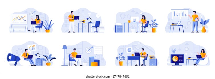 Marketing department bundle with people characters. Marketers working with laptops and doing presentation with diagrams in office situations. Marketing research and analysis flat vector illustration.