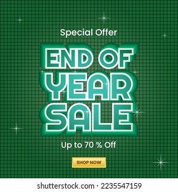 marketing design with 3d text effect and dark green background with square pattern. used for end of year sale promotion, banner, poster, brochure, advert and ads