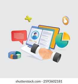 Marketing design asset with laptop, loudspeaker and other elements. Isometric vector illustration. Landing page template for web