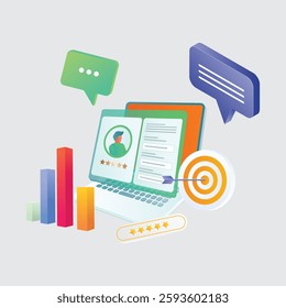 Marketing design asset with laptop, loudspeaker and other elements. Isometric vector illustration. Landing page template for web