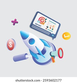 Marketing design asset with rocket and other elements. Isometric vector illustration. Landing page template for web