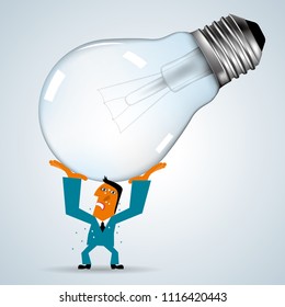 Marketing design, businessman holding up light bulb. Businessman wear blue suit.