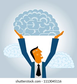 Marketing design, businessman lifting brain. Businessman wear blue suit.