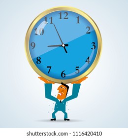 Marketing design, businessman lifting clock. Businessman wear blue suit.