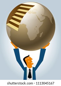 Marketing design, businessman lifting earth. Businessman wear blue suit.