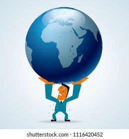 Marketing design, businessman lifting earth. Businessman wear blue suit.