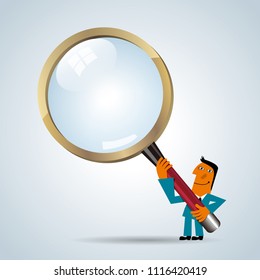 Marketing design, businessman lifting magnifier. Businessman wear blue suit.