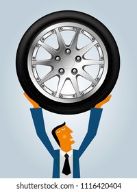 Marketing design, businessman lifting tires. Businessman wear blue suit.