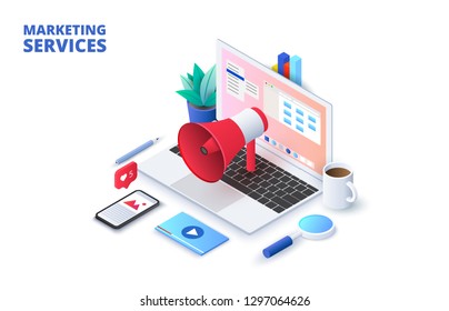 Marketing design concept with laptop, loudspeaker and other elements. Isometric vector illustration. Landing page template for web.