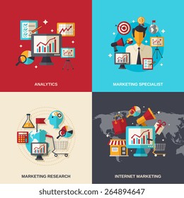 Marketing design concept set with analytics specialist internet research flat icons isolated vector illustration