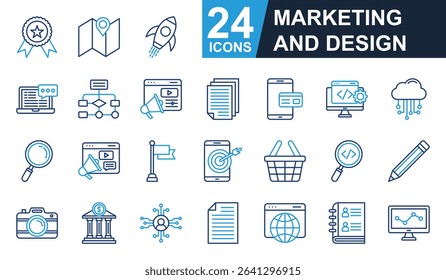 Marketing and Design Icons set vector illustration. Containing Badge, advertising, web development, cloud computing, photography and more. Simple line color icons collection.