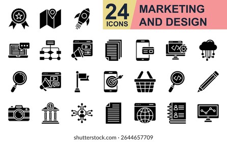Die Symbole für Marketing und Design setzen Vektorgrafiken. Enthalten Badge, Werbung, Web-Entwicklung, Cloud-Computing, Fotografie und mehr. Einfache Sammlung von Symbolen für Symbole.