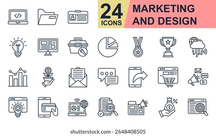Marketing And Design Icons set vector illustration. Containing folder, idea, tool box, medal, trophy and more. Simple line icons collection.