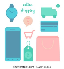 Marketing design, vector illustration. Web icons, online shopping set. Smart phone, card, sale