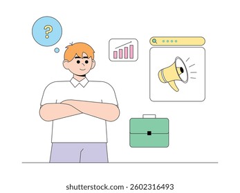 Marketing development in the business world to improve business quality, semi outline style, research vector illustration.
