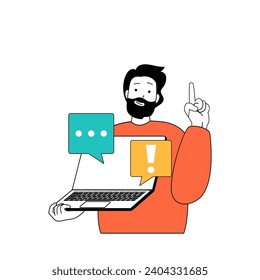 Marketing and development concept with cartoon people in flat design for web. Man chatting with clients, answering and consulting. Vector illustration for social media banner, marketing material.