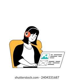 Marketing and development concept with cartoon people in flat design for web. Woman creating advertising posts for promotion brand. Vector illustration for social media banner, marketing material.