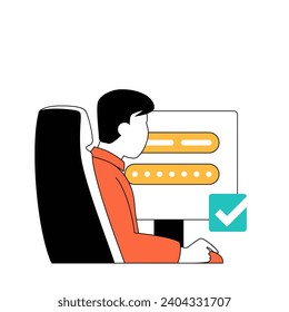 Marketing and development concept with cartoon people in flat design for web. Man making promotion for programming product release. Vector illustration for social media banner, marketing material.