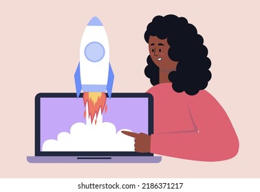 Marketing and development concept. Character points finger at laptop with rocket. Vector illustration in a flat style