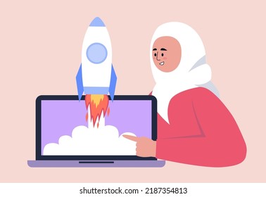 Concepto de marketing y desarrollo. El personaje apunta al portátil con cohete. Ilustración vectorial en un estilo plano