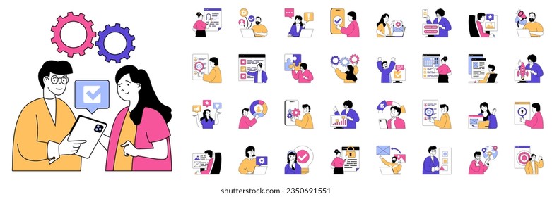 Marketing and development concept with character situations mega set. Bundle of scenes people creating promotion strategy, chatting with client, mailing, other. Vector illustrations in flat web design