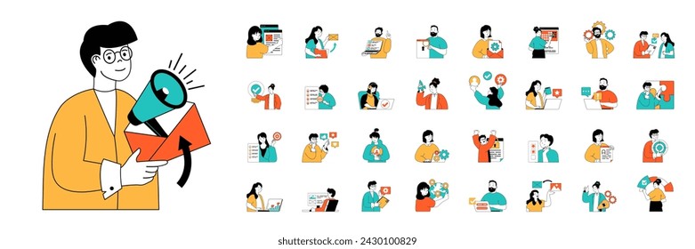Marketing and development concept with character situations mega set in flat web design. Bundle of scenes people programming and releasing products, making online promotion. Vector illustrations.