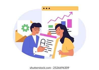 Marketing and development concept in modern flat design for web. Man and woman analyzing business data, creating promotion and advertising strategy, working in team at project. Vector illustration.