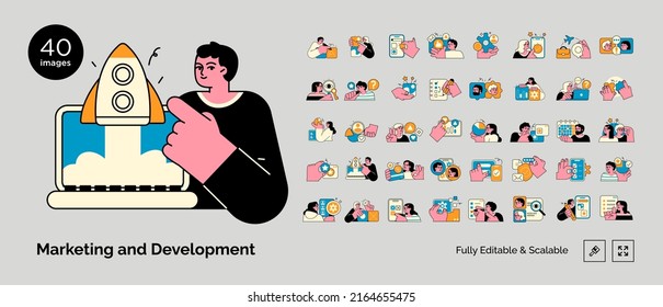 Marketing and development illustrations. Mega set. Collection of scenes with men and women taking part in business activities. Trendy vector style
