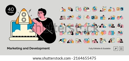 Marketing and development illustrations. Mega set. Collection of scenes with men and women taking part in business activities. Trendy vector style