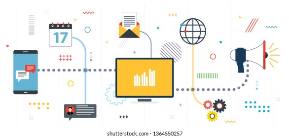 Marketing digital and communication. Marketing strategy. Vector internet banner with icon set of marketing, business and communication.  Modern flat style design.