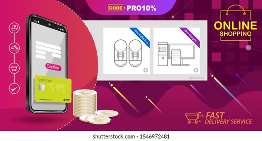 Marketing and Digital marketing Illustration Vector Concept Shopping Online on Website or Mobile Application and Pay With Credit Card.