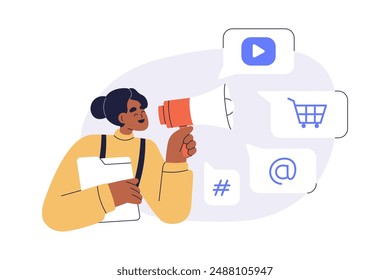 Marketing and digital promotion, advertising, communication, announcement concept. Woman with megaphone promoting brand, influencing with content. Flat vector illustration isolated on white background