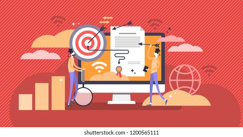 Marketing diploma and online learning concept flat vector illustration poster with student persons achieving education goals in abstract web environment beside computer screen with diploma paper